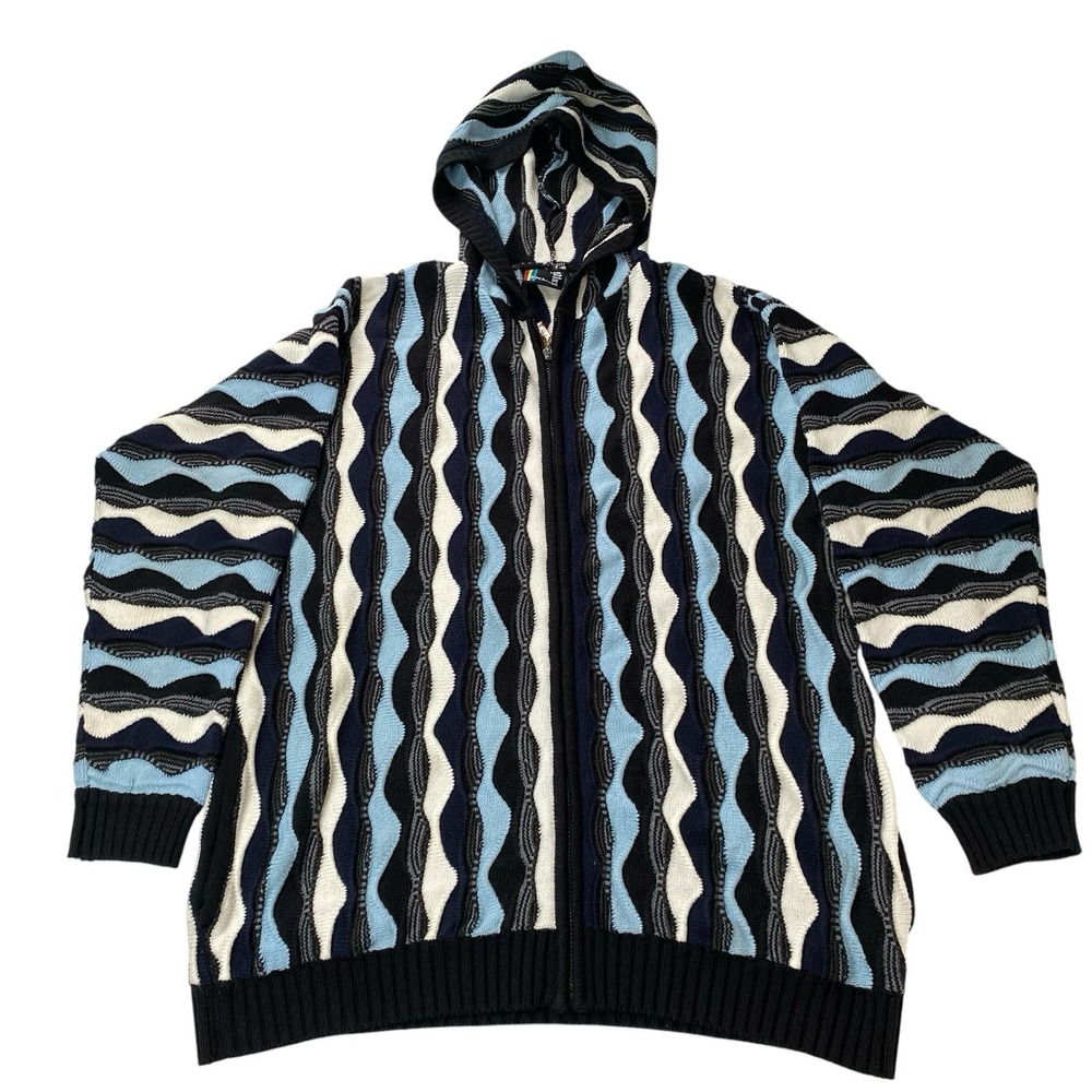 Bluez Men's 3XL 3D Textured Knit Full Zip Hooded Sweater Y2K Blue Black White